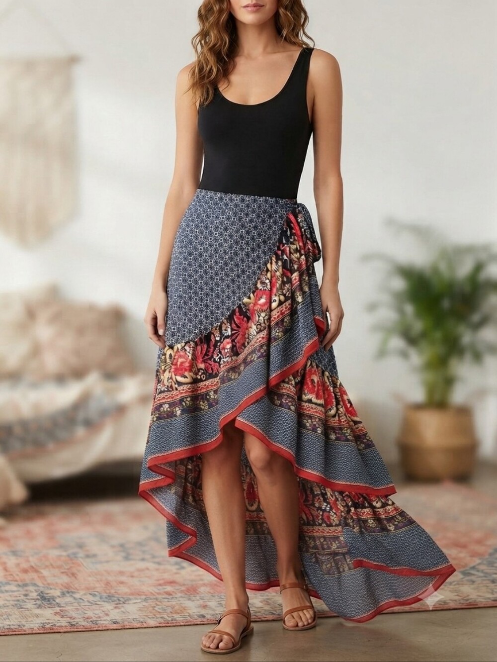 The Pyramid Collection High-Low Faux Wrap Skirt Size M Mixed Media Flowy